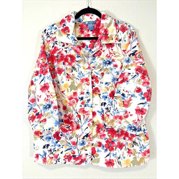 Koret Floral Light Jacket Blazer 16W Cotton 3/4 Sleeve Button Front Top - Picture 1 of 8